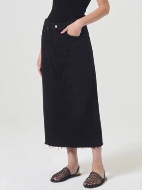 Agolde Black High-Waist Della Denim Skirt with Raw Hem
